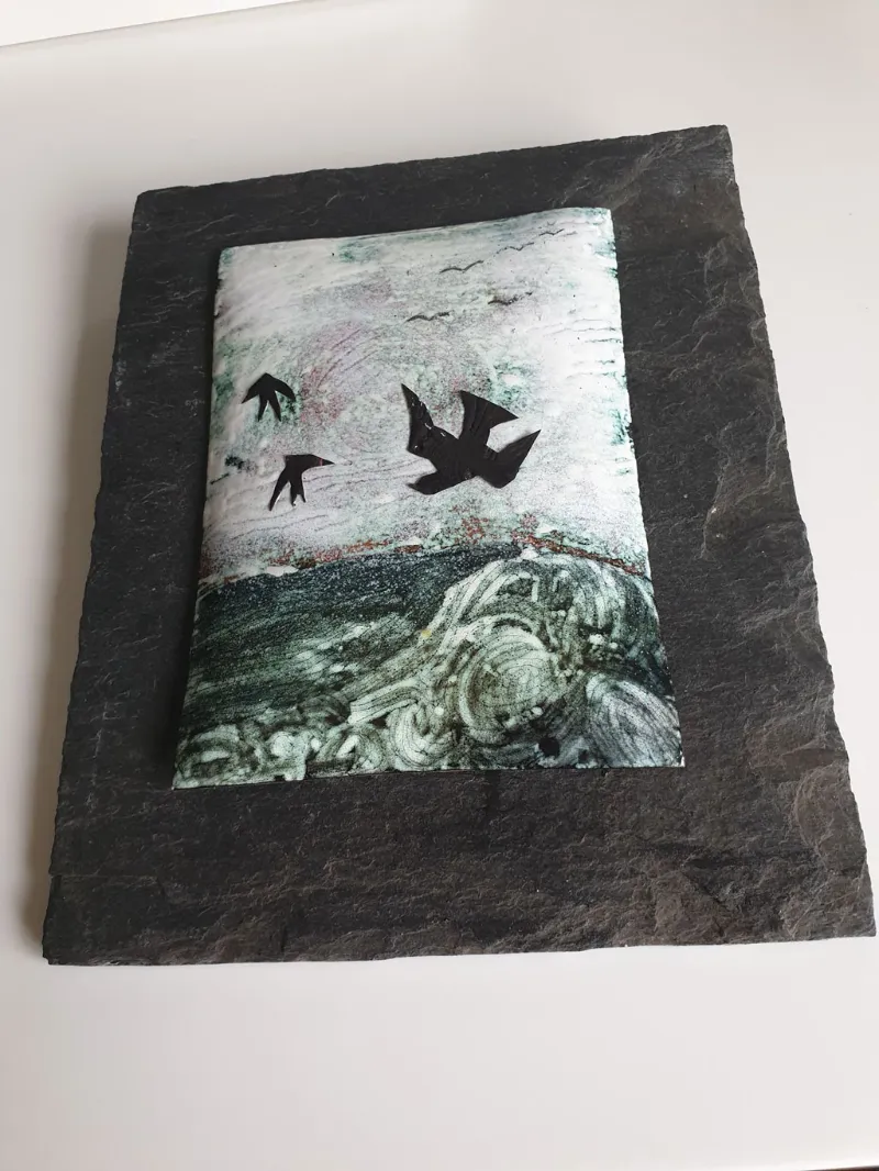 Framed enamel panel by Caroline Ingram