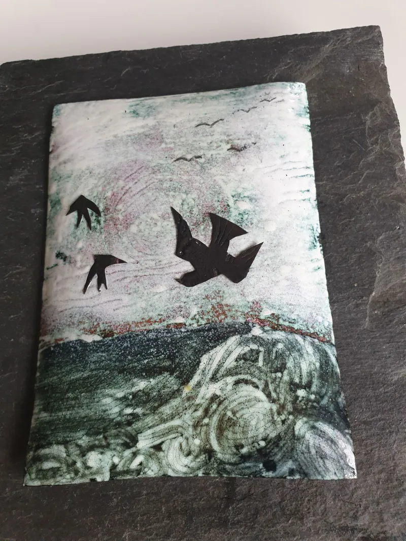 Framed enamel panel by Caroline Ingram