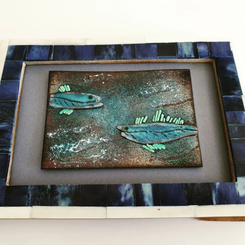 Framed enamel panel by Caroline Ingram